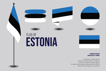 Set of Estonia flag in 5 designs: flag on pole, brush stroke, skew, round and standard. vector, flat, isolated on grey background