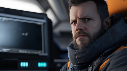 Serious Man in Spaceship Cockpit