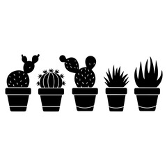 Silhouette illustration of six different potted cactus and succulent plants arranged in a row. The vector design features diverse plant shapes in black on a white background, ideal for decoration them