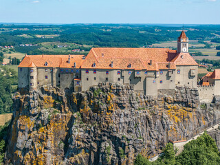 Austria - The Riegersburg castle surrounded by a beautiful landscape Located in the region of Styria from drone view