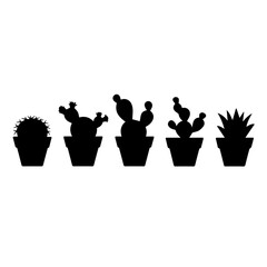 Silhouette illustration of six different potted cactus and succulent plants arranged in a row. The vector design features diverse plant shapes in black on a white background, ideal for decoration them