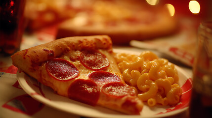 Delicious Pepperoni Pizza Slice with Creamy Macaroni on Plate