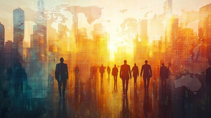 Silhouetted people walk toward a cityscape with a world map overlay, a symbol of global business.