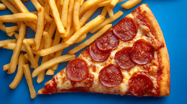 Delicious Cheese Pizza Slice with Crispy French Fries on Blue Background - Powered by Adobe