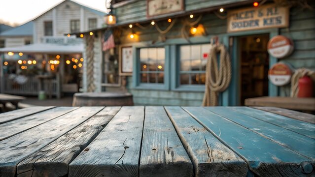 Rustic wooden tabletop with bokeh background featuring a coastal cafe setting