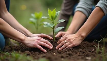 Hands planting tree together in park, symbolizing environmental stewardship and collaboration. People work together in garden, eco friendly concept. Green plant growing, earth day.