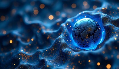 A glowing blue sphere with golden specks floating above a textured surface