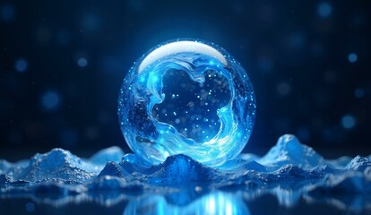 A glowing blue orb with a star-like pattern suspended above an icy surface