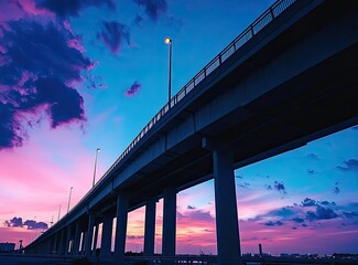 Elevated highway at sunset with vibrant purple and pink clouds.
