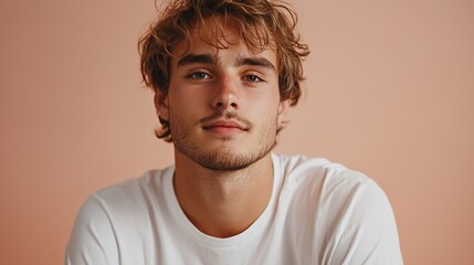 Fototapeta premium Close-up portrait of a young man with light brown, wavy hair and light eyes, wearing a simple white t-shirt against a muted peach background