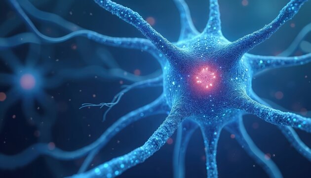 Abstract illustration of neuron cell in blue hues. Neural network, brain cell with dendrites. Scientific, medical, tech background. Communication, digital information. Ideal for science tech articles.