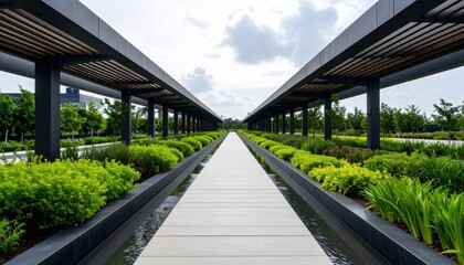 Fototapeta premium Serene walkway with a calming water feature in tranquil garden setting
