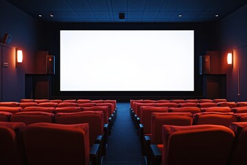 Movie theater auditorium with screen on white background