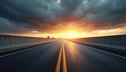 Naklejka premium Empty asphalt road leads toward sunset with dramatic sky. Dramatic clouds lit golden sunlight. Urban highway design with empty street. Driving, travel, journey concept background.