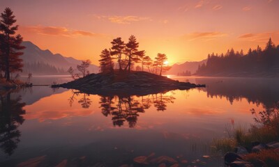 Fototapeta premium Serene sunset paints tranquil lake with fiery hues, horizon, beautiful