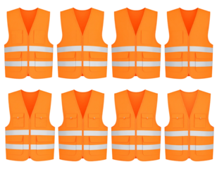 Twelve bright orange safety vests with reflective stripes and pockets