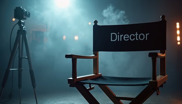 Black director chair with word Director. Dark film studio with smoke and spotlight. Scene is ready for shooting, camera is set. Film industry production, creative process, cinema concept.