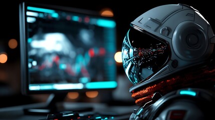 Astronaut Monitoring Data on Futuristic Computer