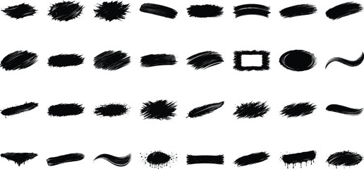 Vector collection of black ink blots, splashes, and stains for grunge art and brush stroke design elements