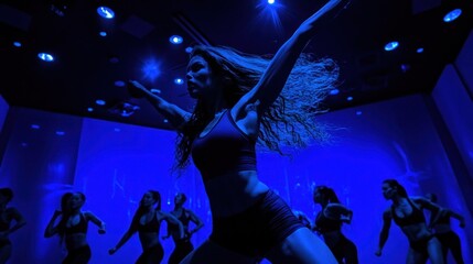 Woman leading fitness class in blue lighting.