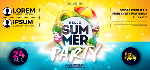 Summer Beach Party Flyer Design with Abstract Design Elements and Typography Lettering on Tropical Island Background. Vector Summer Holiday Illustration with Exotic Palm Leaves and Flower for Banner