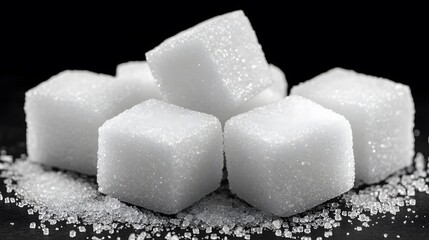 Closeup of White Sugar Cubes on Black Background
