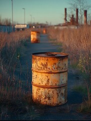 Obraz premium Abandoned oil drums and industrial areas under sunlight