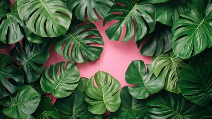 Naklejka premium Tropical foliage pattern on pink background