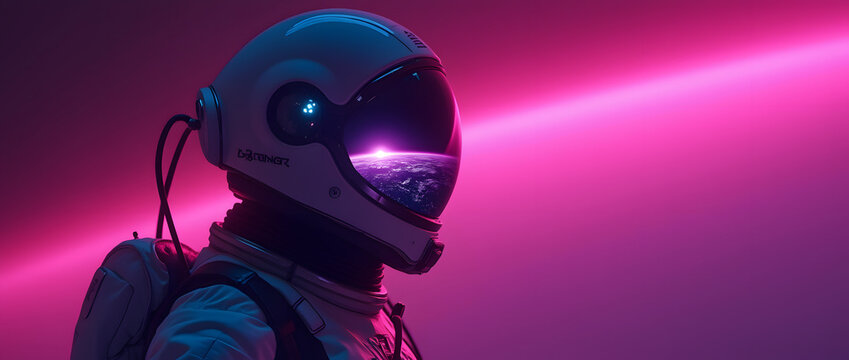 Close-up of astronaut in white spacesuit on pink light background 