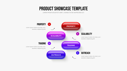 Fototapeta premium Digital Performance 4 Element Diagram Presentation Layout. Advertising Visualization Four Step Infographic Frame Design. Marketing Forecast Slide Template Vector Illustration.