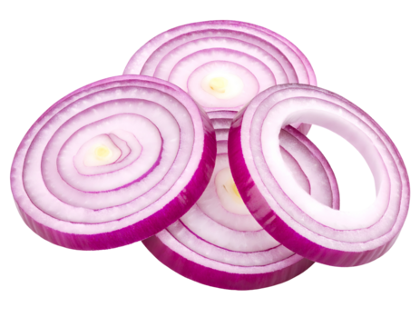 Close-up view of sliced red onions. Isolated transparent background