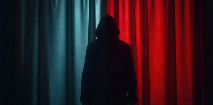 A shadowy figure concealed behind a curtain, only a sliver of clothing visible; mystery and intrigue abound  Perfect for thriller, suspense, or espionage themes ,  crime,  cloth
