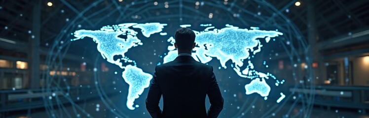 Businessman observes global network, world map. Futuristic tech interface, data exchange, digital world. Business, innovation, technology, global communication, international networking, modern tech.