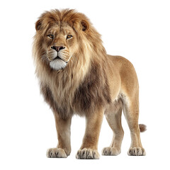 Obraz premium Majestic lion standing confidently against a plain background, showcasing its powerful presence and beauty