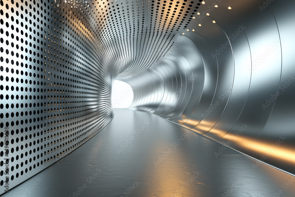 Poster sleek metallic tunnel with reflective surface and illuminated edges creates futuristic