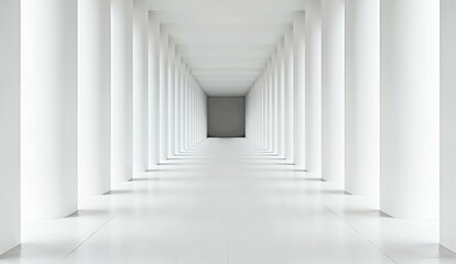 Fototapeta premium A long, empty corridor with white columns and a dark end wall