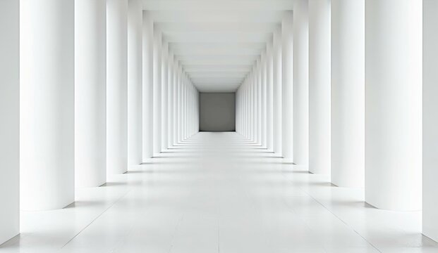 A long, empty corridor with white columns and a dark end wall