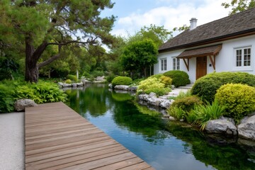 Obraz premium Wooden pathway crossing a peaceful pond in a lush garden with a white house