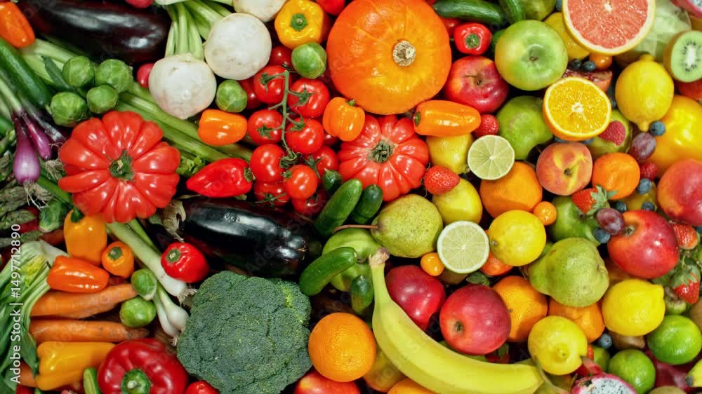 Poster various kind of fresh fruits and vegetable. camera placed on motion control system. filmed on high s