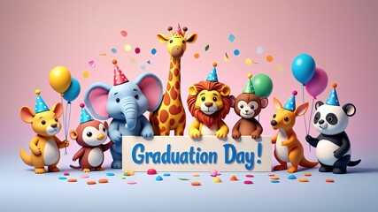 Fototapeta premium Group of cartoon animals wearing party hats holding “Graduation Day” sign with balloons and confetti on pastel background symbolizing preschool celebration, joy of learning, children’s graduation