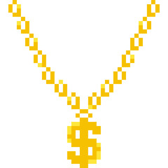 Pixel art Gold Chain with Dollar Sign - Hip Hop Necklace Icon. Rapper golden chain