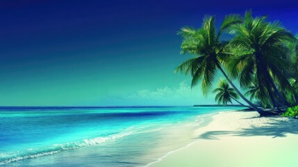 A serene tropical beach with palm trees and crystal-clear turquoise water.