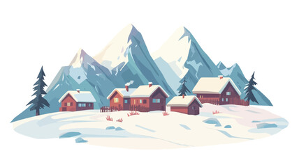 This digital illustration depicts a charming winter village nestled amongst snow-covered mountains. The style is cartoonish, using flat vector shapes with minimal shading to create a sense of.