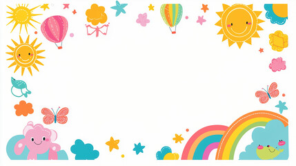 Cute cartoon frame border with rainbow, kites, balloons, sun, clouds, and butterflies on a white background in pastel colors, flat vector style for kids’ design and decoration.