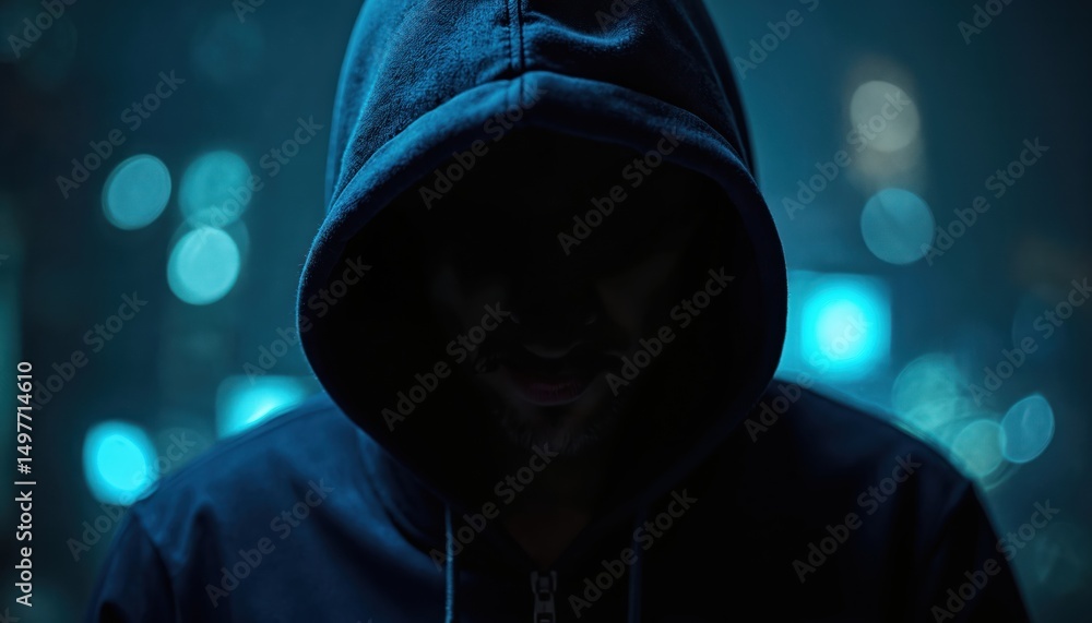 Poster unrecognizable hooded hacker cyber criminal in dark. faceless man in hoodie at night. anonymous prog