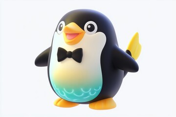 Obraz premium 3D Cartoon Penguin Fish Delivery Icon with Classic Tuxedo Black and Lemon Zest Colors, Ultra High Definition Isometric View on White Background, Detailed Studio Lighting