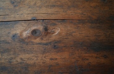 Close-up view of weathered wood grain texture with knots and scratches. Brown rustic surface, old vintage antique, aged dark pattern, detail, rough timber plank board, wooden material.