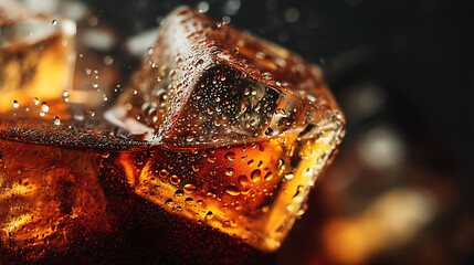 Refreshing Beverage with Ice Cubes and Bubbles in Close-Up Shot