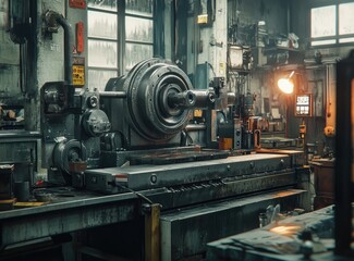 Industrial workshop interior with old machinery, showing metalworking tools and equipment.