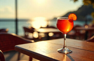 Aperol Spitz cocktail on a table in a cafe with the sea in the background, no people